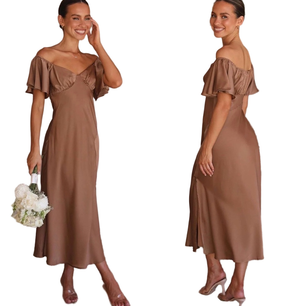 🎠PHICIA satin off shoulder dress split cocktail Chocolate size Small NEW